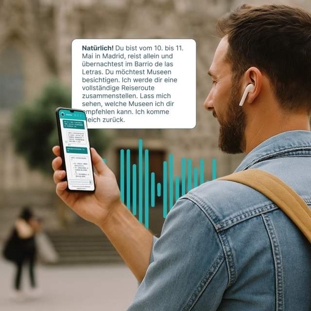 A man holds his phone up with a chat bubble overlaid on the image to illustrate the tourism AI chatbot by Simpleview and iUrban.
