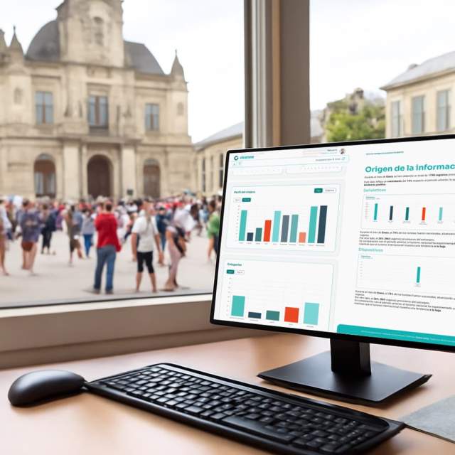 A desktop computer sits on a desk near a window overlooking a courtyard filled with people.