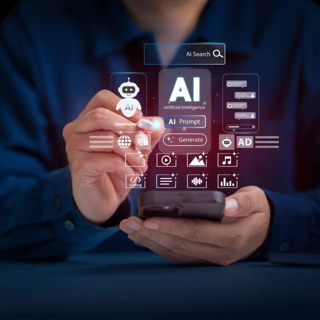 AI and other SEO icons overlay an image of a person holding out their hands.