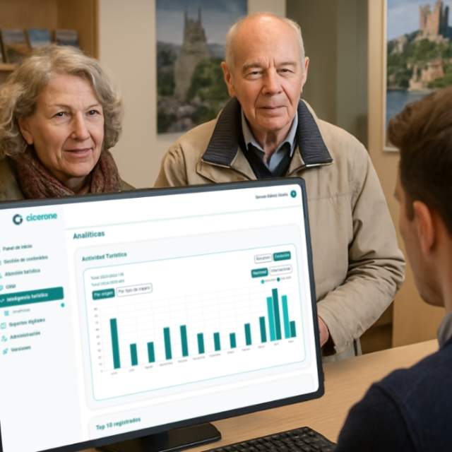 An eldery couple receiving customer support from a person seated in front of a desktop computer/