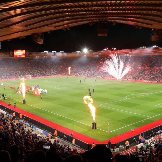 St Marys Football Stadium view from seats with fireworks on pitch
