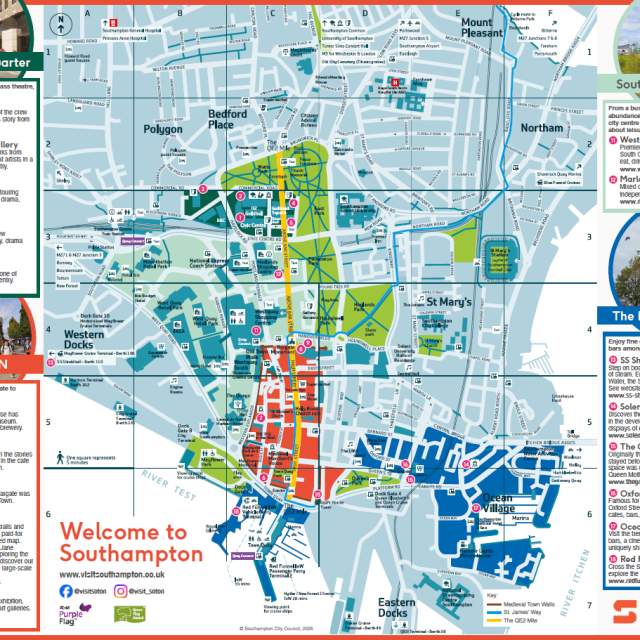 Southampton City Centre visitor map showing key areas such as Old Town, Cultural Quarter, central (Westquay) and Maritime Quarter