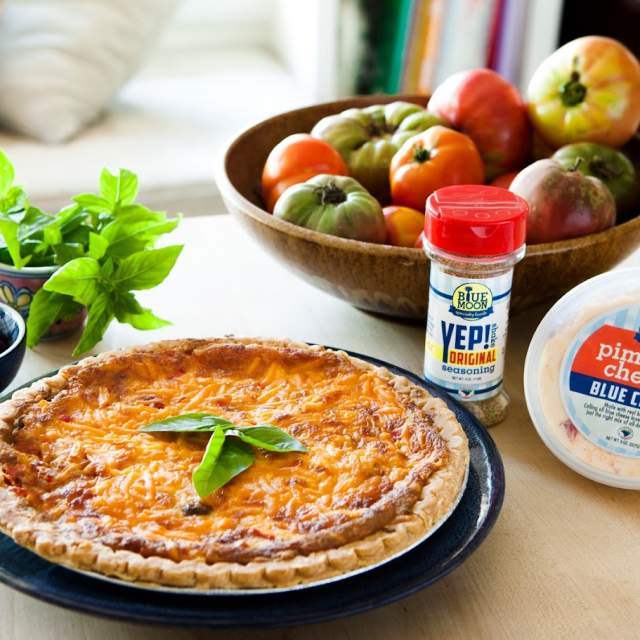 Blue Moon tomato pie with heirloom tomatoes, olives, basil and pimento cheese