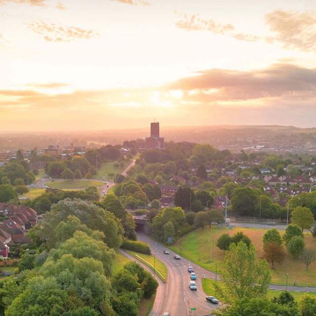 Sunrise above a cathedral in Guildford
