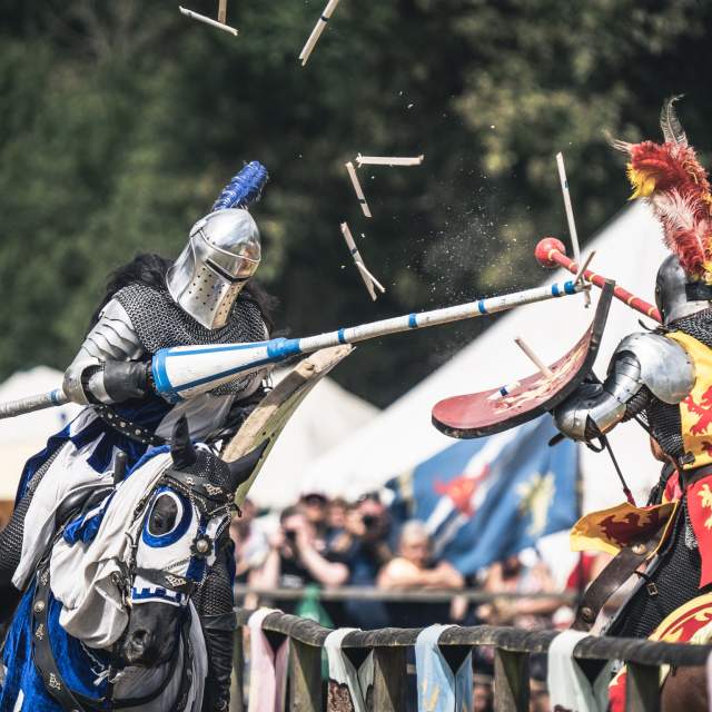 Two knights in a jousting battle at Loxwood, Sussex