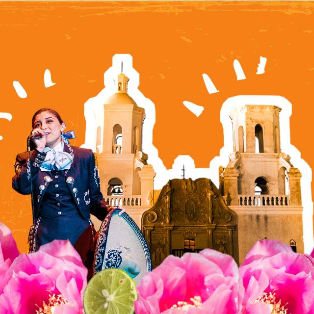 Collage- style image with orange background featuring Mission San Xavier del Bac and a hispanic woman singing. Image is bordered with flowers, limes, and tacos