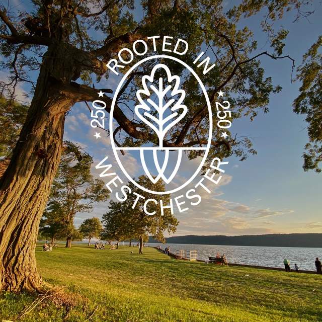 Rooted in Westchester Logo over scenic view of Croton Park