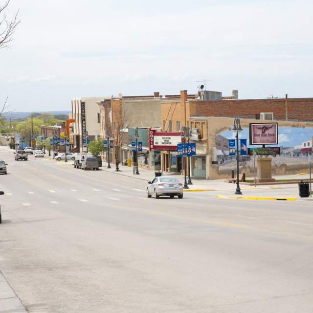 Quaint downtown Newcastle with historic buildings and a small-town atmosphere in Weston County, Wyoming.