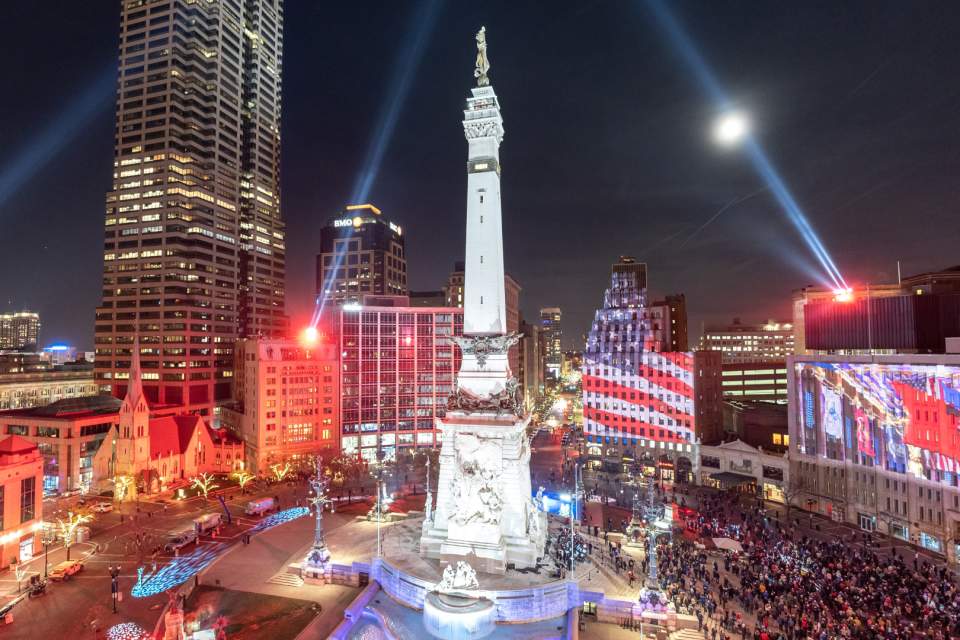 Gather every evening for a light and music display on Monument Circle