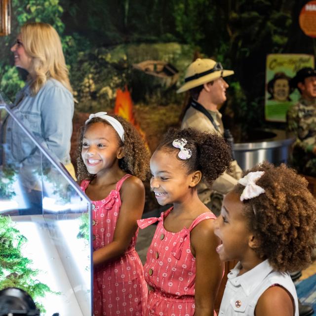Three girls gather around a shrunken head display at Ripley's Believe It or Not! Orlando