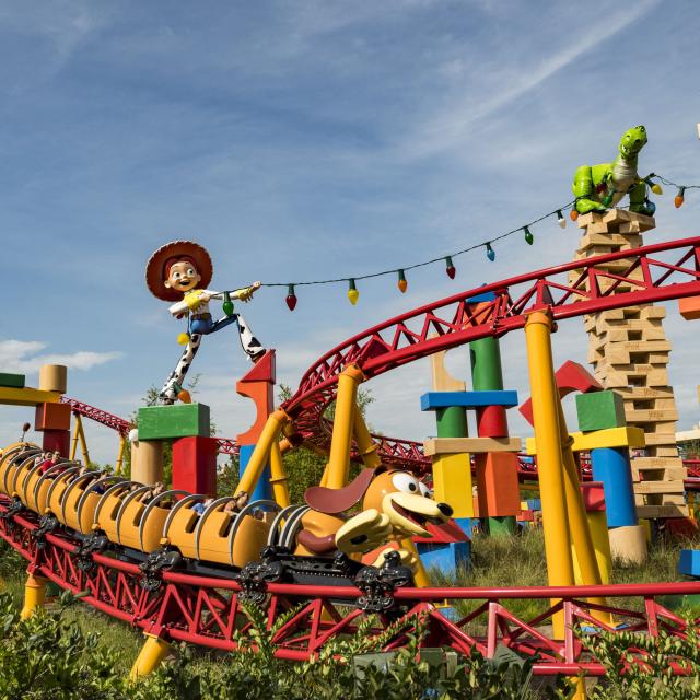 The Slinky Dog Dash ride operating at Toy Story Land inside Disney’s Hollywood Studios during the day