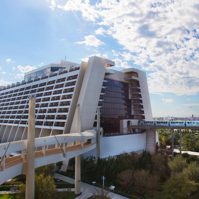 Disney's Contemporary Resort hotel exterior with monorail