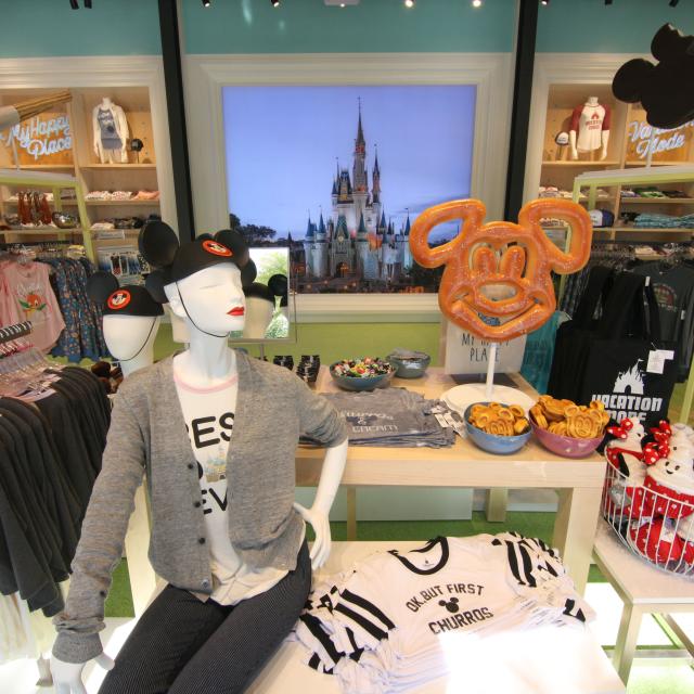 A display of Disney merchandise from a shop at Disney Springs.
