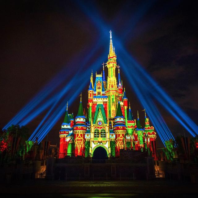 Cinderella's Castle at Magic Kingdom Park at Walt Disney World Resort lights up for the Holidays