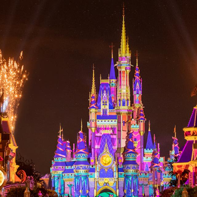Walt Disney World Magic Kingdom Main Street fireworks image for 50th anniversary celebration webpage