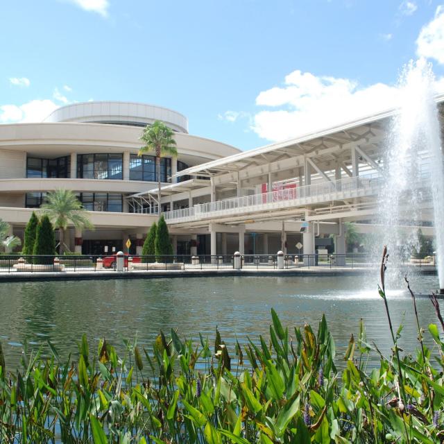 Orange County Convention Center West exterior and fountain