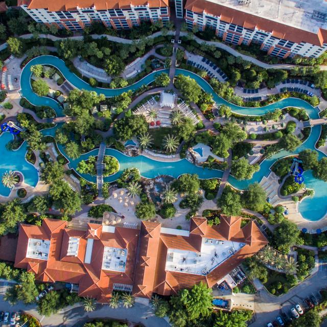 Aerial view of the lazy river pool at the Holiday Inn Club Vacations at Orange Lake Resort