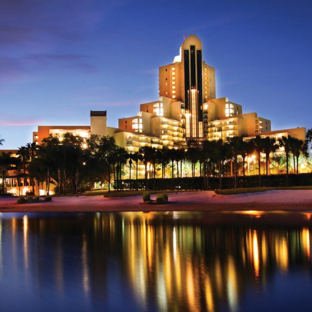 Orlando World Center Marriott hotel exterior at night