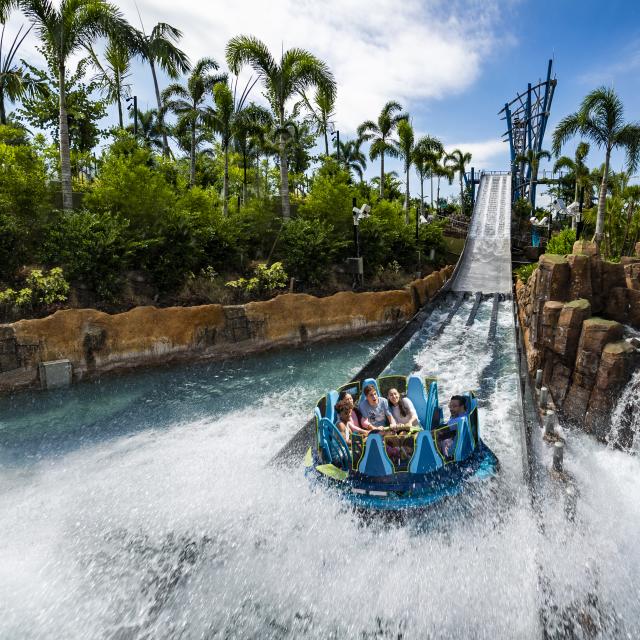 Family on Infinity Falls raft ride at SeaWorld Orlando