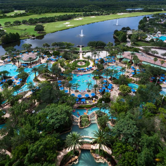 JW Marriott Orlando, Grande Lakes overview of pools, lake and golf