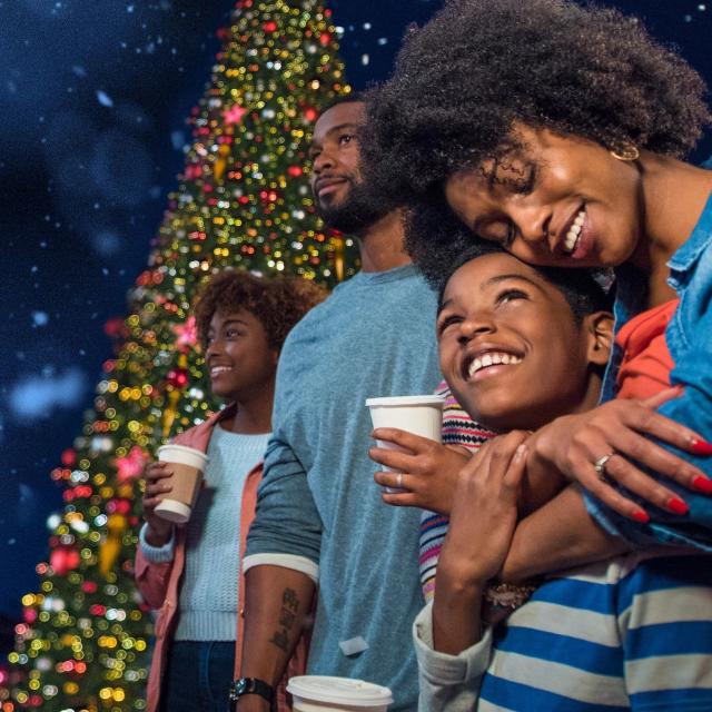 A family in front of a Christmas tree at Universal Orlando Resort
