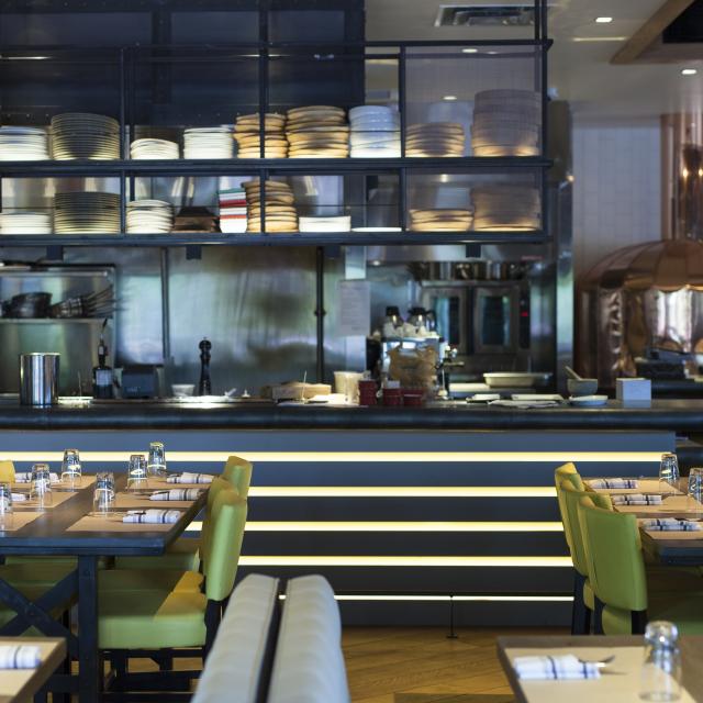 Slate Restaurant view of kitchen from dining area
