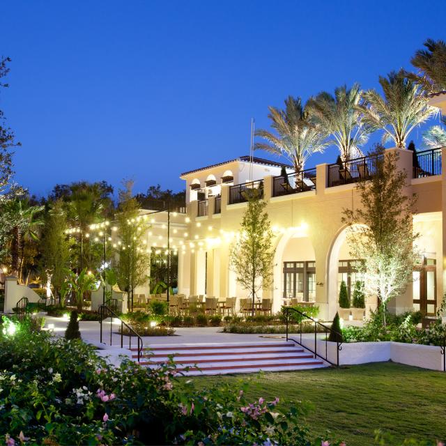 The Alfond Inn exterior with lights during evening