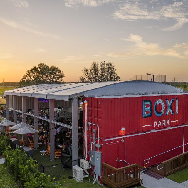 An aerial view of Boxi Park in Lake Nona, Florida at sunset.