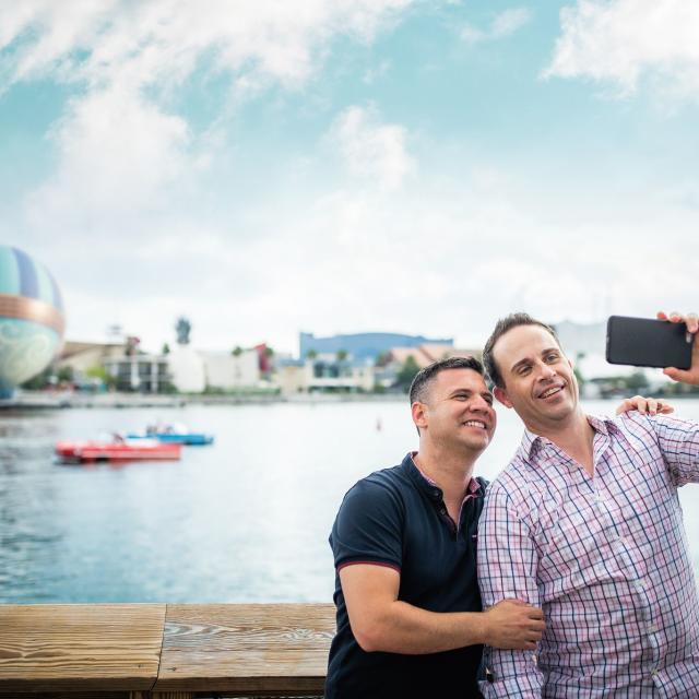 Men taking a selfie at The Boathouse at Disney Springs