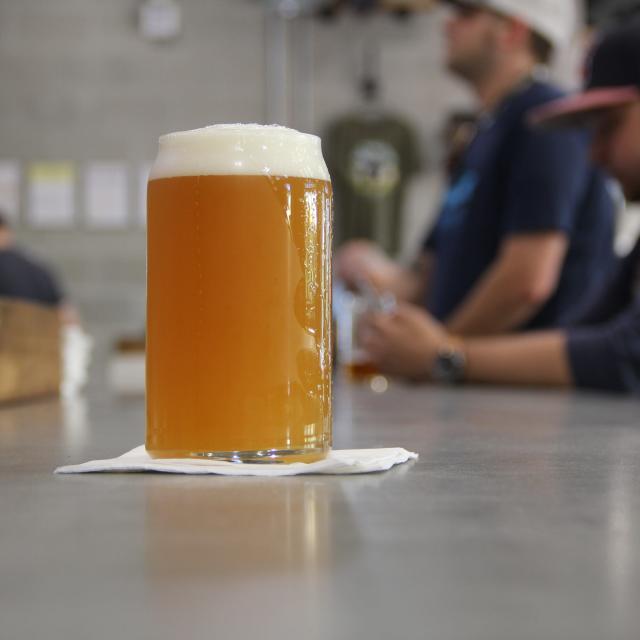 Light, frothy beer in a glass, on countertop at the Crooked Can Brewing Company. Slightly off-center with people at the bar in the background.