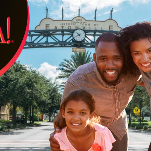 A family posing for a photo in Eatonville with a Zora! Festival graphic over the image