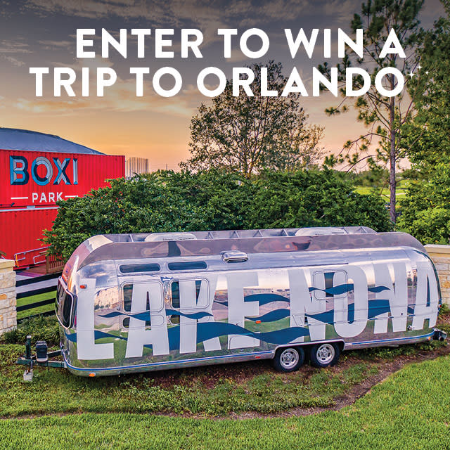 Enter to Win A Trip to Orlando text over image of Boxi Park in Lake Nona