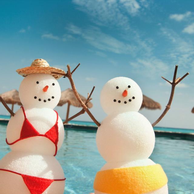 horizontal, snowman, pool, beach, water, bikini, hat, red, yellow, blue, blue sky, clouds, holiday, winter, summer