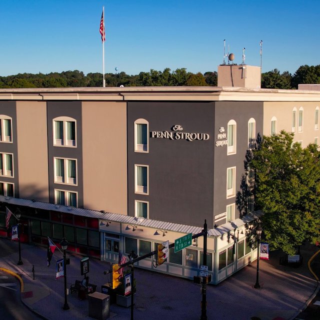 View of the outside of a hotel from a downtown street in Stroudsburg