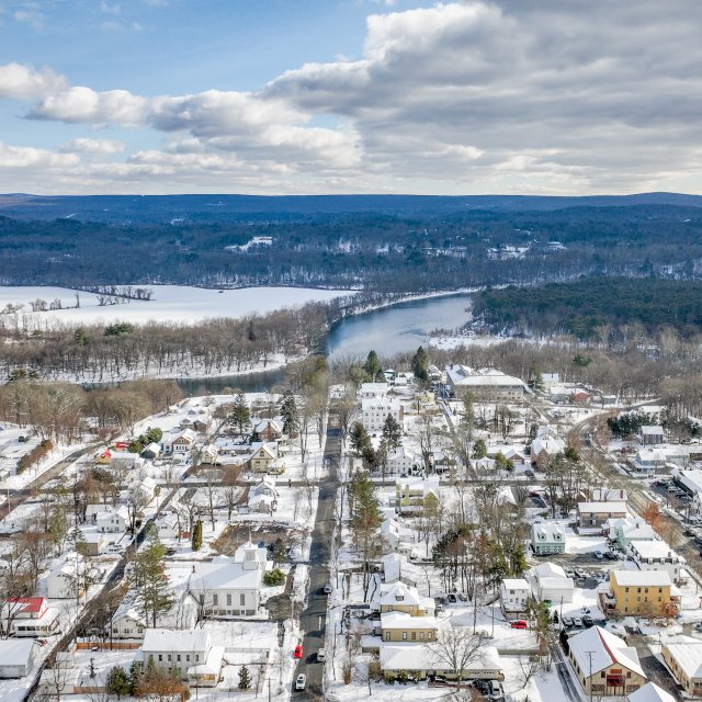 A look at the town of Milford in the winter from a drone
