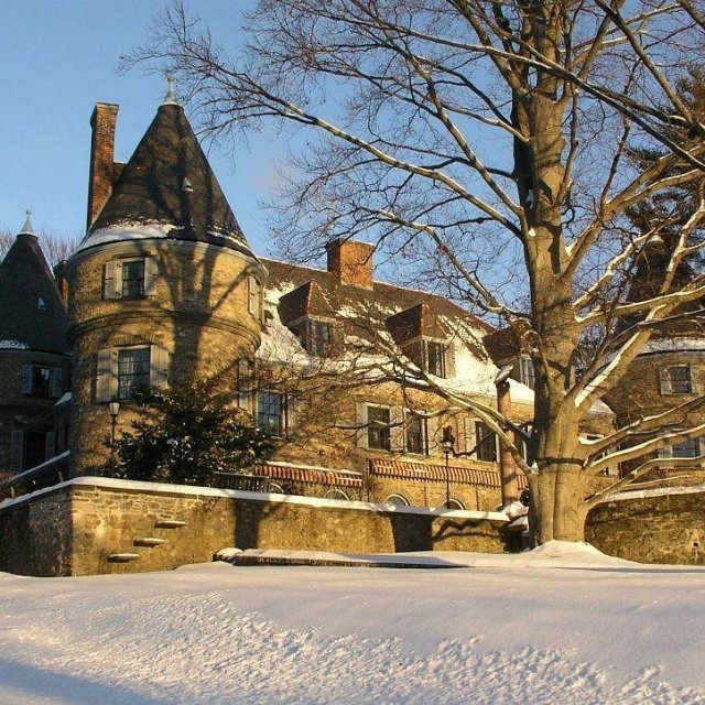 Outside winter view of Grey Towers National Historic Site in Milford