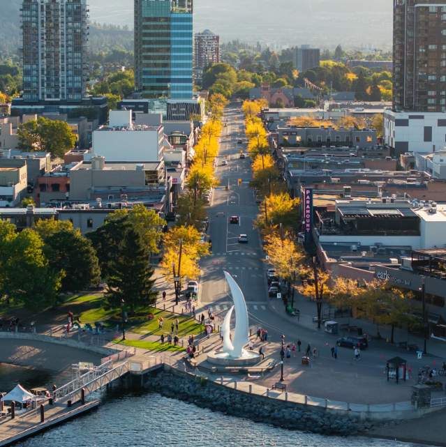 Bernard Avenue Downtown Kelowna during Fall Aerial 3