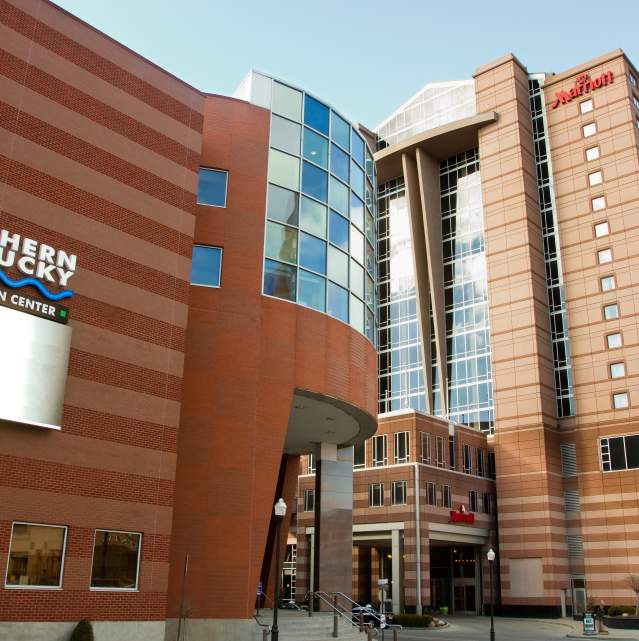 Photo of street level of Northern Kentucky Convention Center with Marriott RiverCenter in view in Covington Ky across the river from Cincinnati Ohio