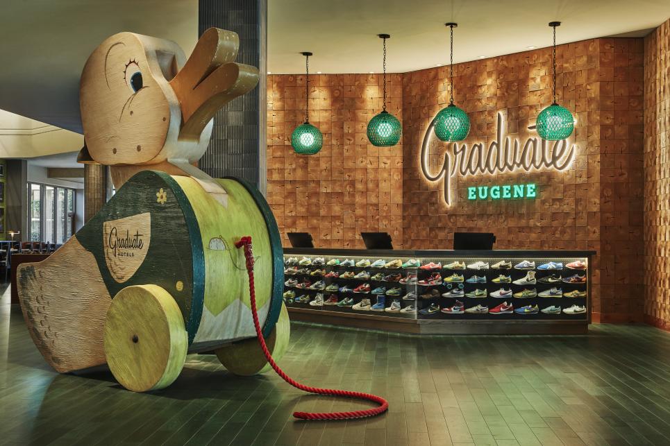 A large wooden "pull" duck graces the Graduate Eugene hotel lobby.