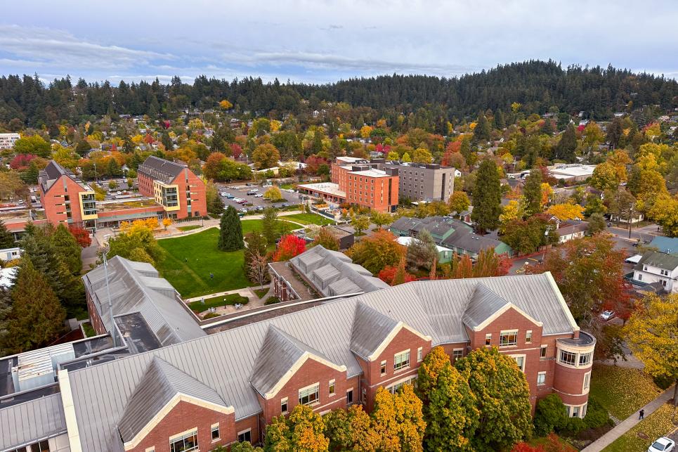 A view from high up of the red brick campus buildings and colorful fall trees.