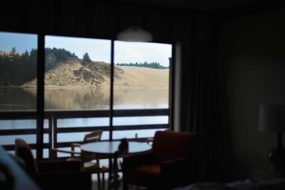 Views of the Sand Dunes and Siuslaw River outside the sliding doors and balcony room.