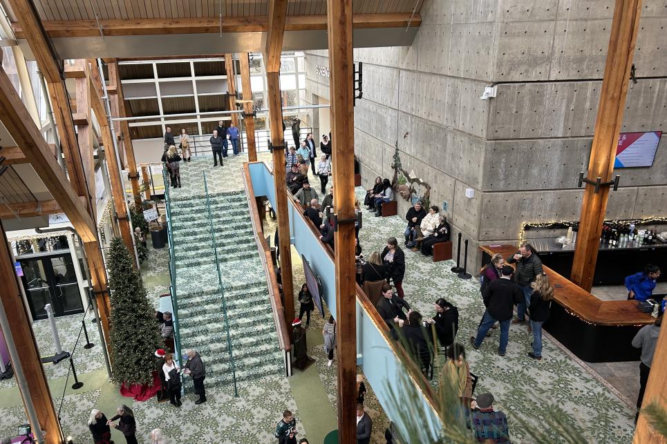 Looking from a higher level down into the lobby.