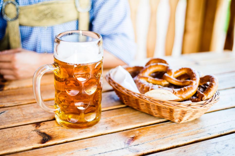 Bavarian event with pretzel and beer.