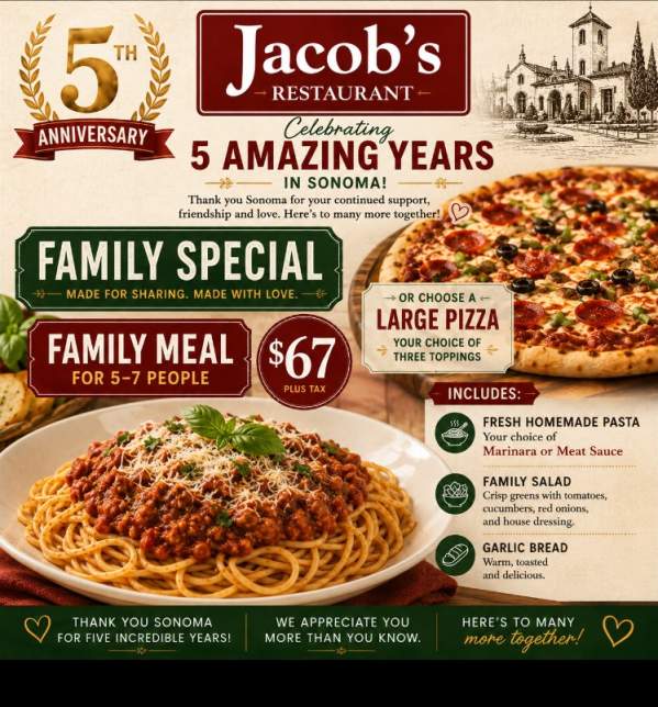 Jacob’s Restaurant 5th Anniversary Family Special $67