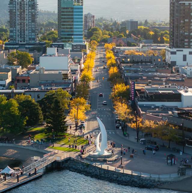 Bernard Avenue Downtown Kelowna during Fall Aerial 3