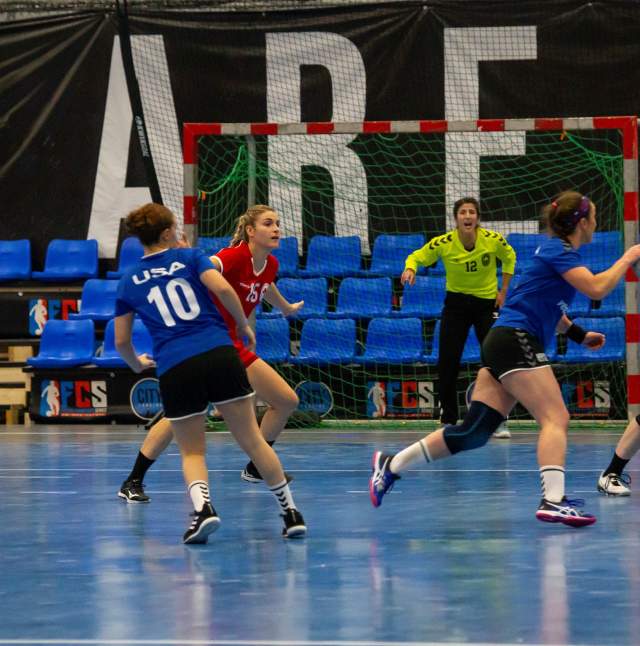 Team USA faces off against Team Canada during a women's team handball match at Lansing City Arena.