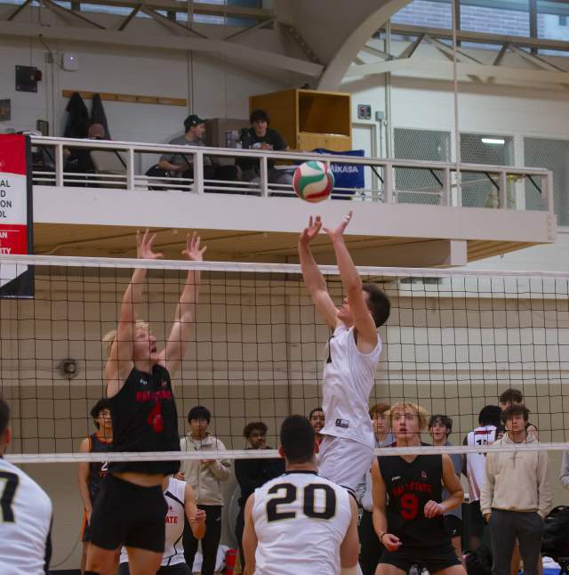 Person trying to hit a volleyball over a net