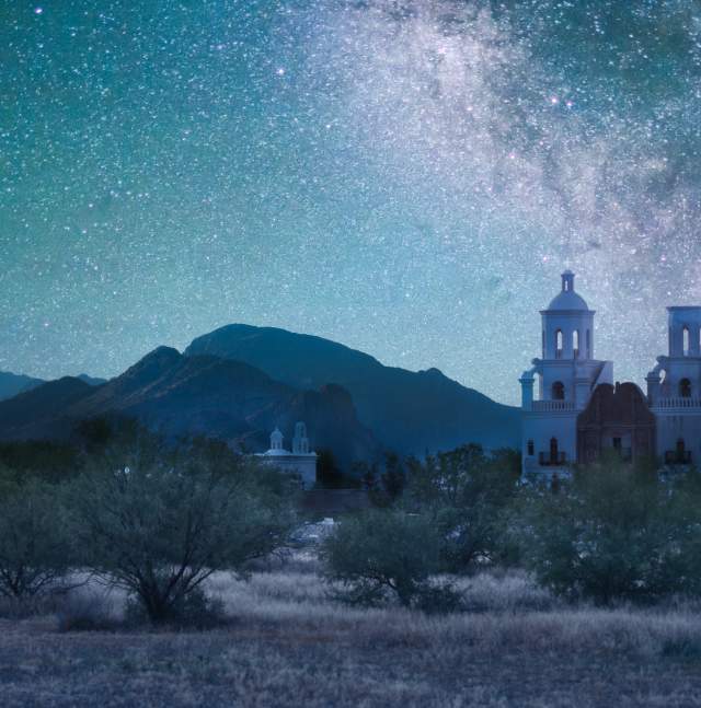 Mission San Xavier del Bac under starry skies