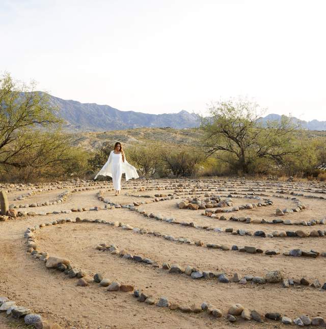 Walking through a stone labyrithn at Miraval Arizona