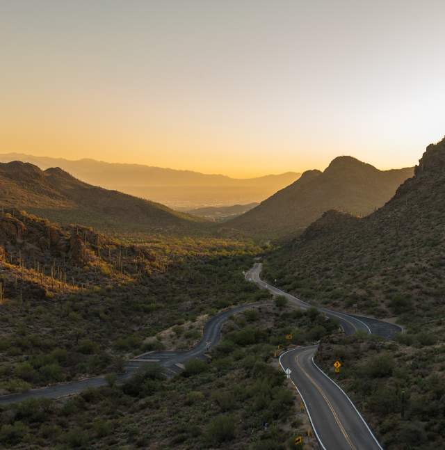 aerial view of Tucson Mountain Park near Gate's Pass at sunrise